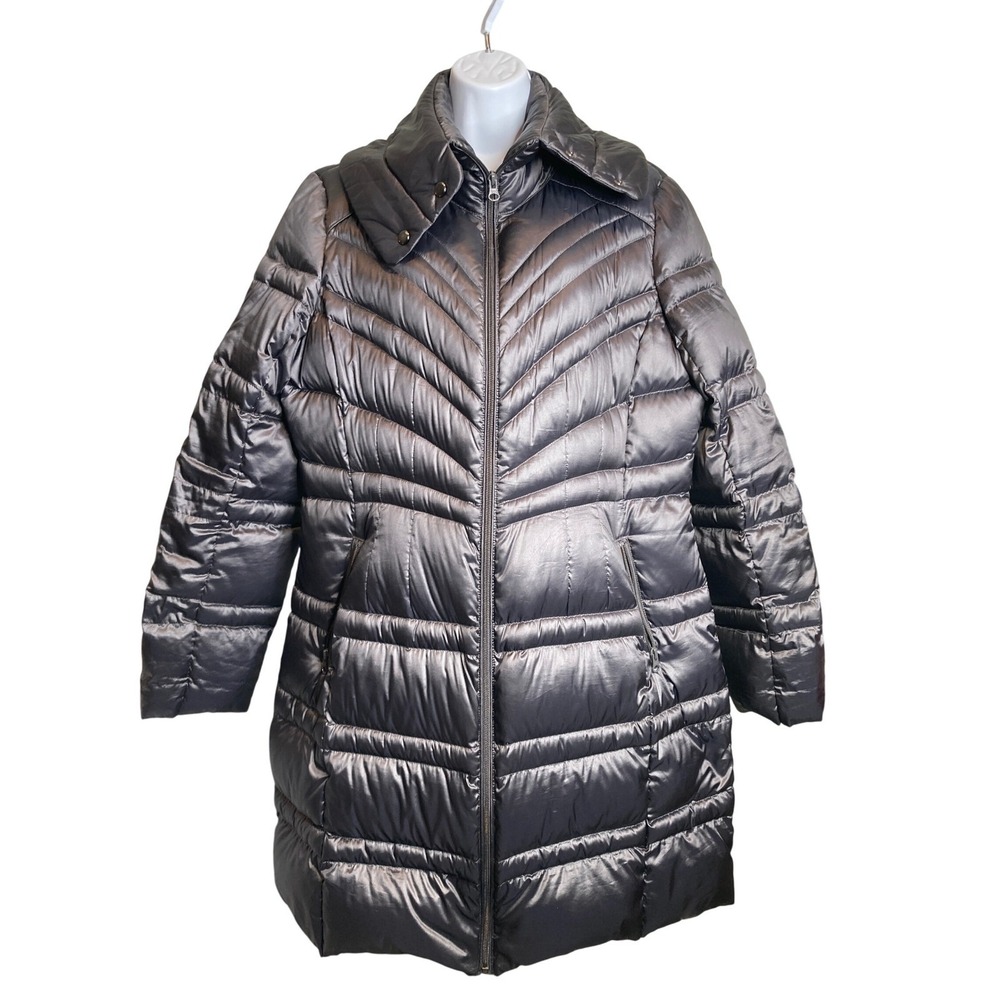 TravelSmith Metallic Gray Down Puffer Coat L Quilted Utility Lightweight Shiny